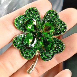 Irish Shamrock 4 Leaf Clover St Patrick's Day Lucky Green Rhinestone Brooch